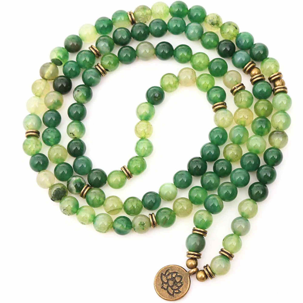 Bratara si Colier Mala din Agat Verde cu 108 Margele de 8mm Ajustabila si Elastica, cu Simbolul Lotus si Viata pentru Yoga