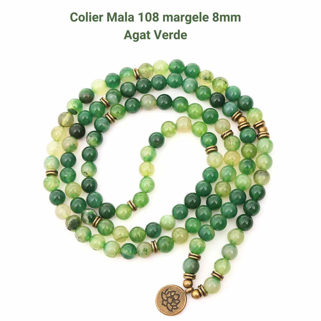 Dubla utilizare Bratara/Colier Mala din Agat Verde cu 108 Margele de 8mm Ajustabila si Elastica, cu Simbolul Lotus si Viata pentru Yoga