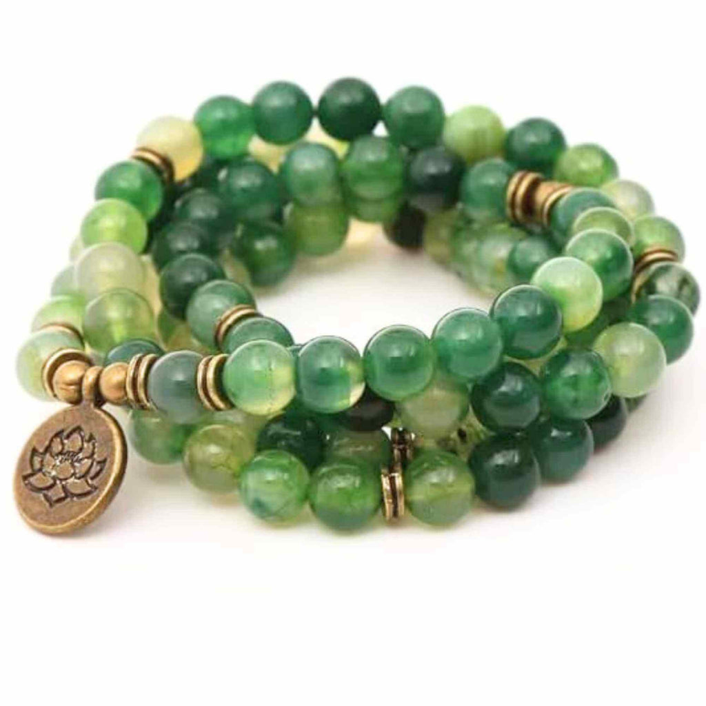 Dubla utilizare Bratara/Colier Mala din Agat Verde cu 108 Margele de 8mm Ajustabila si Elastica, cu Simbolul Lotus si Viata pentru Yoga