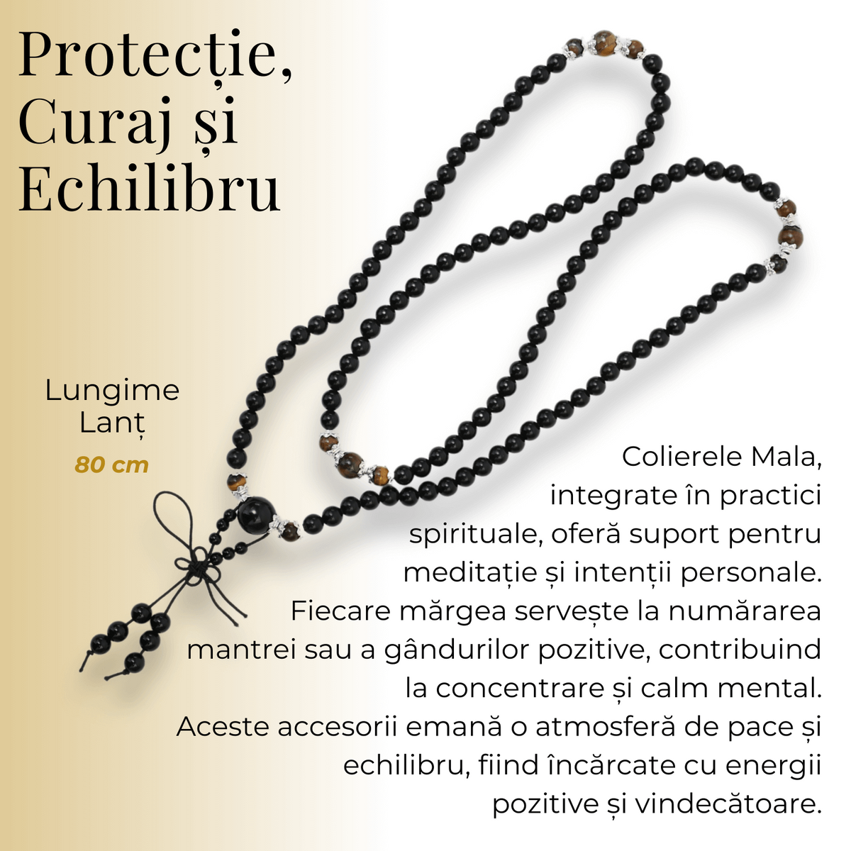 Colier Mala cu 108 Pietre din Obsidian și Ochi de Tigru
