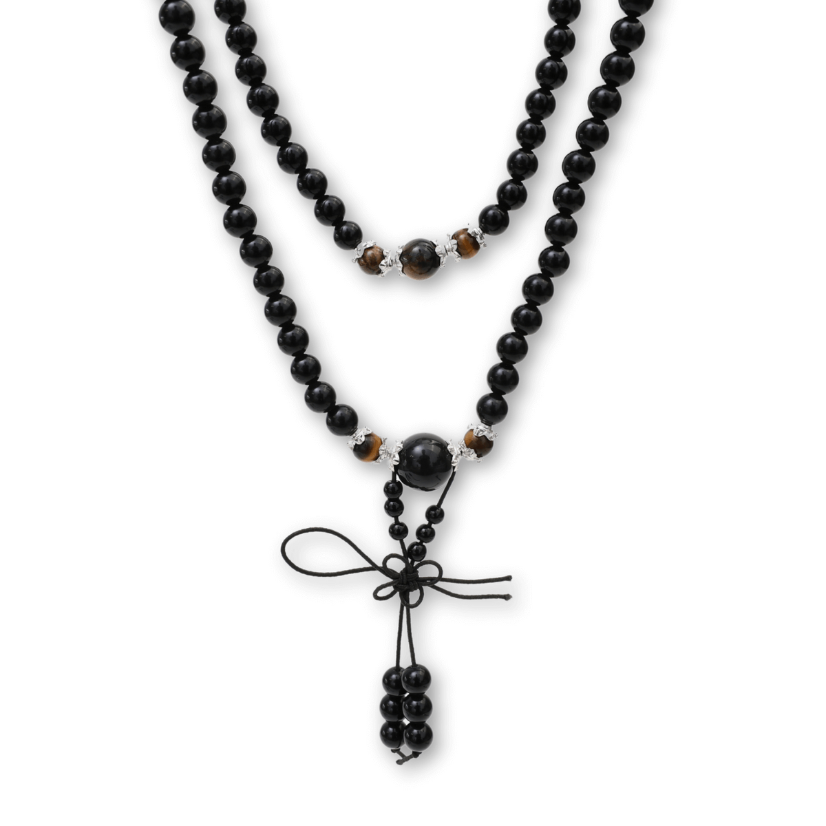 Colier Mala cu 108 Pietre din Obsidian și Ochi de Tigru