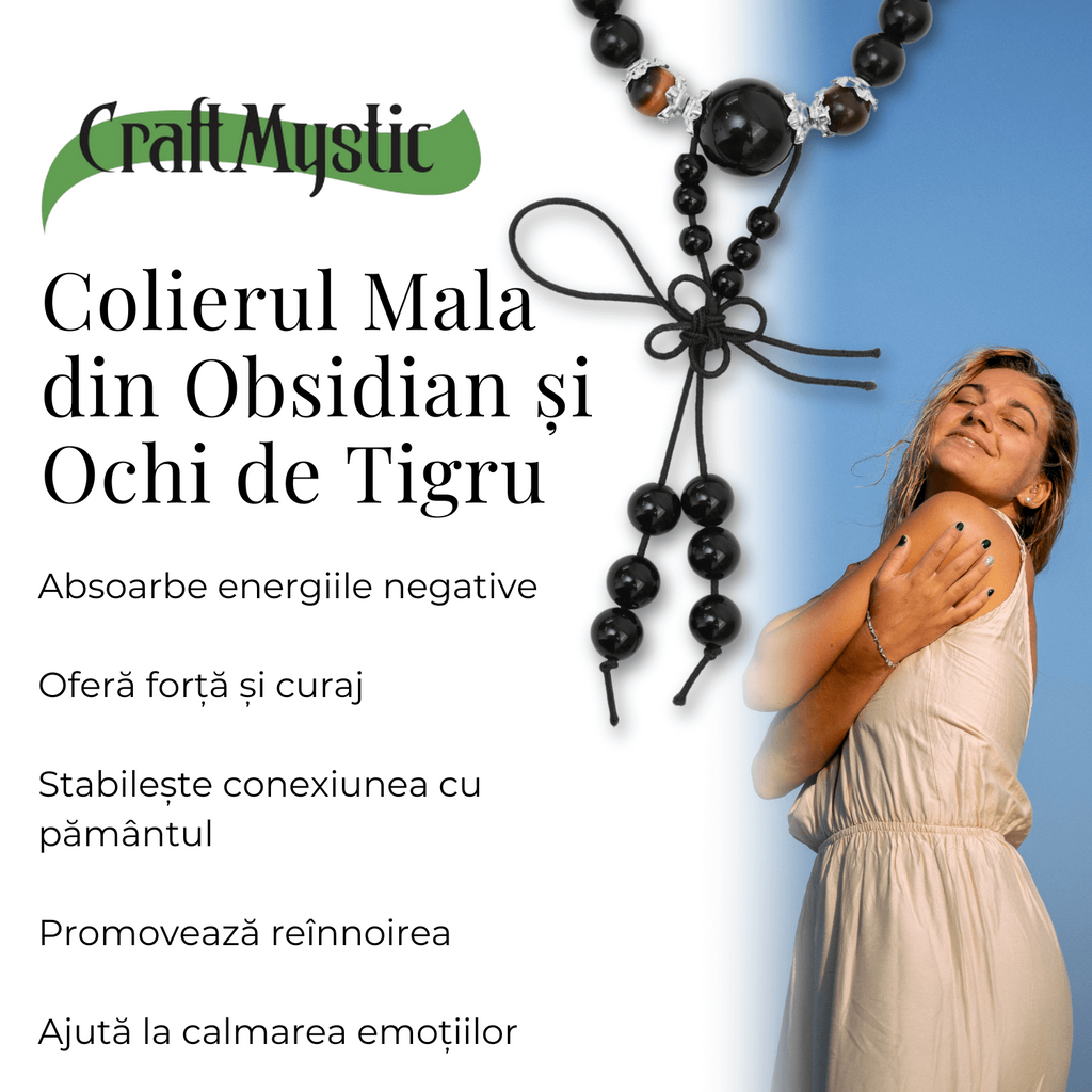 Colier Mala cu 108 Pietre din Obsidian și Ochi de Tigru