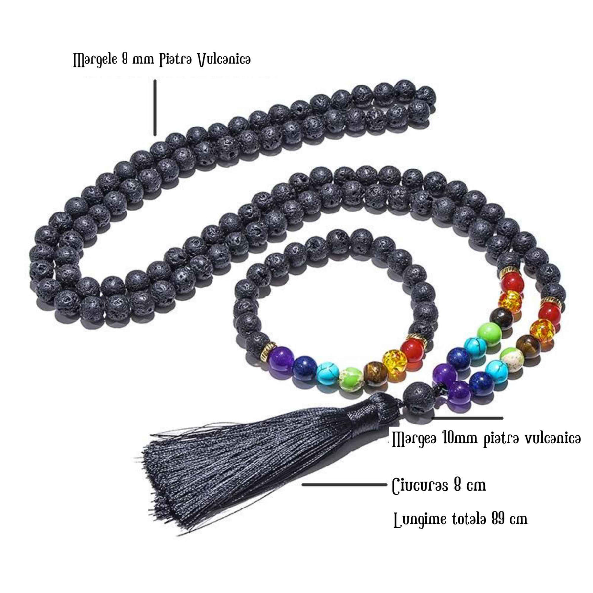 Colier Mala Rozariu cu Margele 8mm din Piatra de Lava Neagra Vulcanica si 7 pietre pentru cele 7 chakre