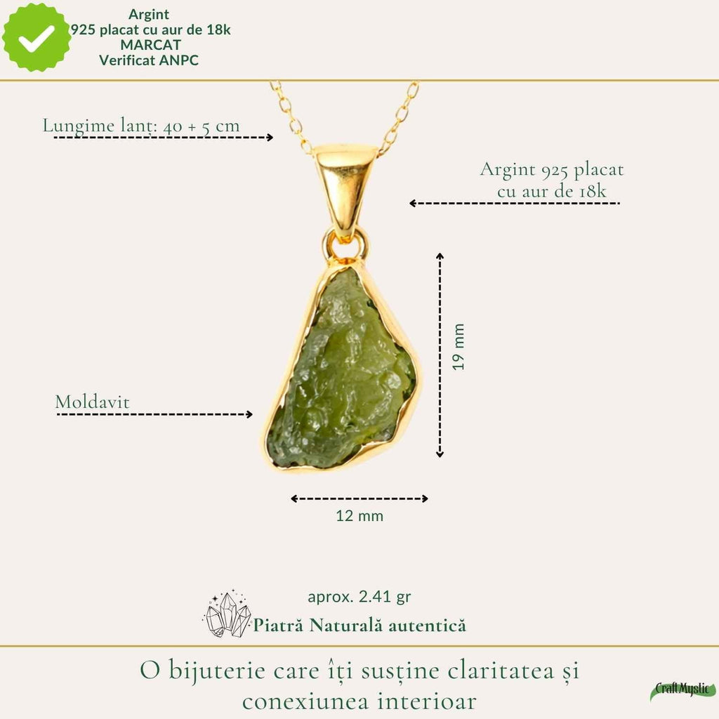 Colier cu Moldavit, Argint 925 placat aur 18k – CraftMystic