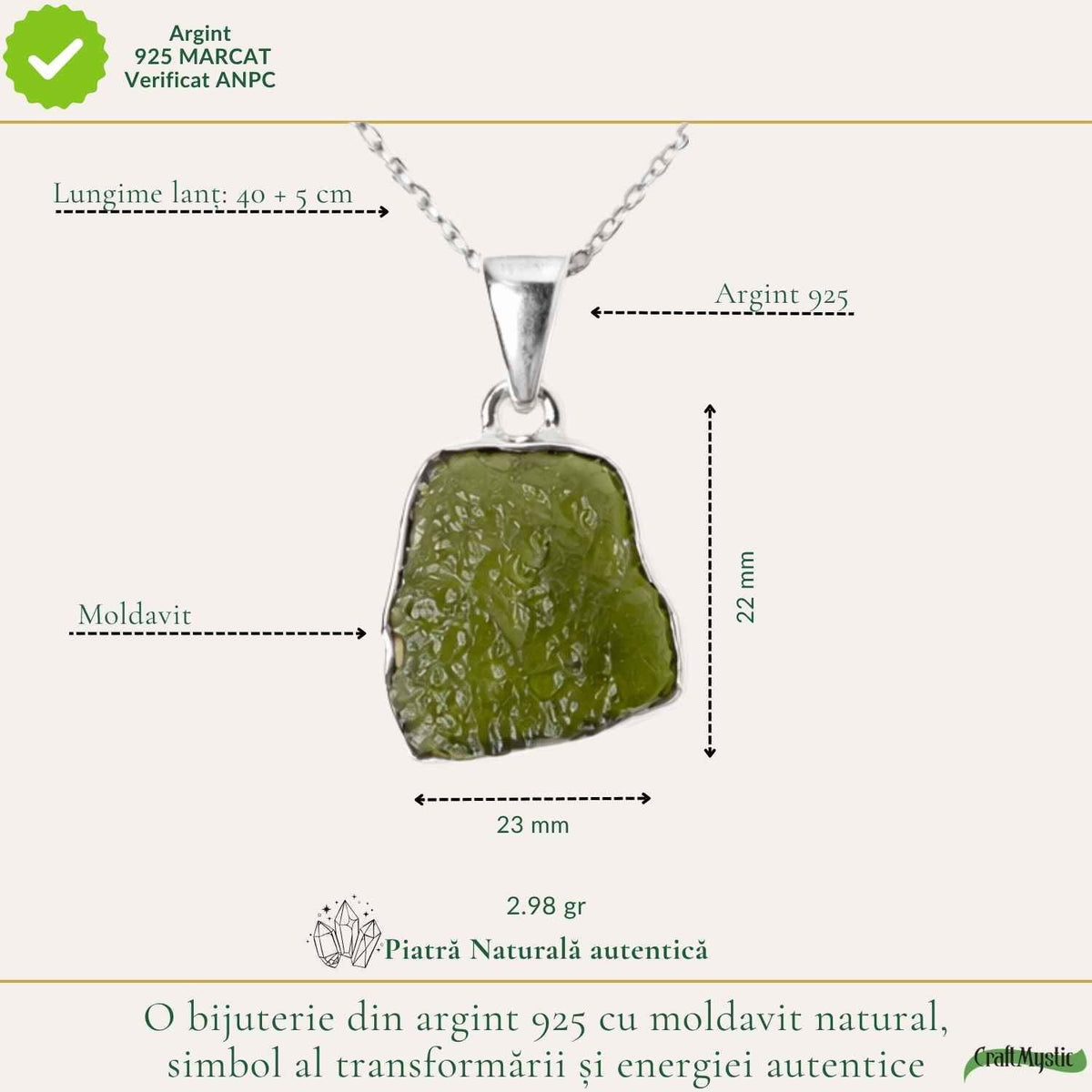 Colier cu Moldavit, Argint 925 – CraftMystic