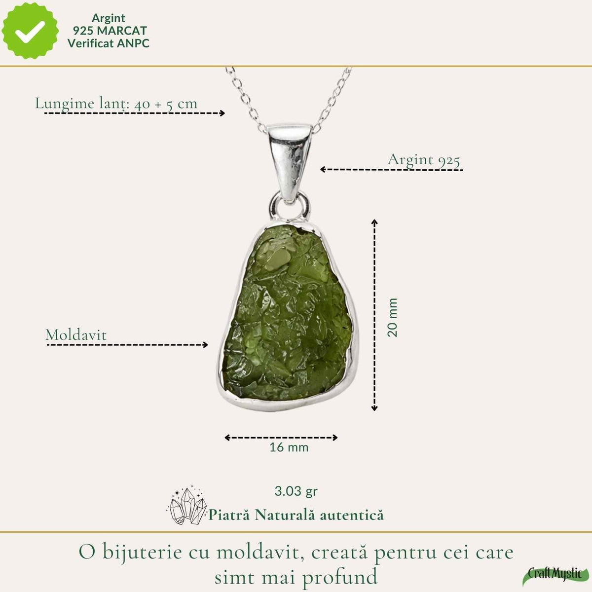 Colier cu Moldavit, Argint 925 – CraftMystic