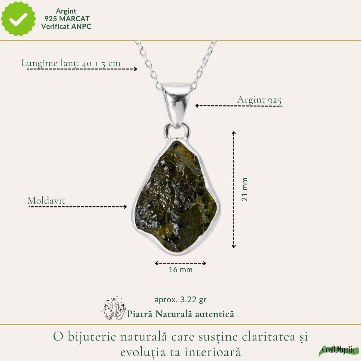 Colier cu Moldavit, Argint 925 – CraftMystic