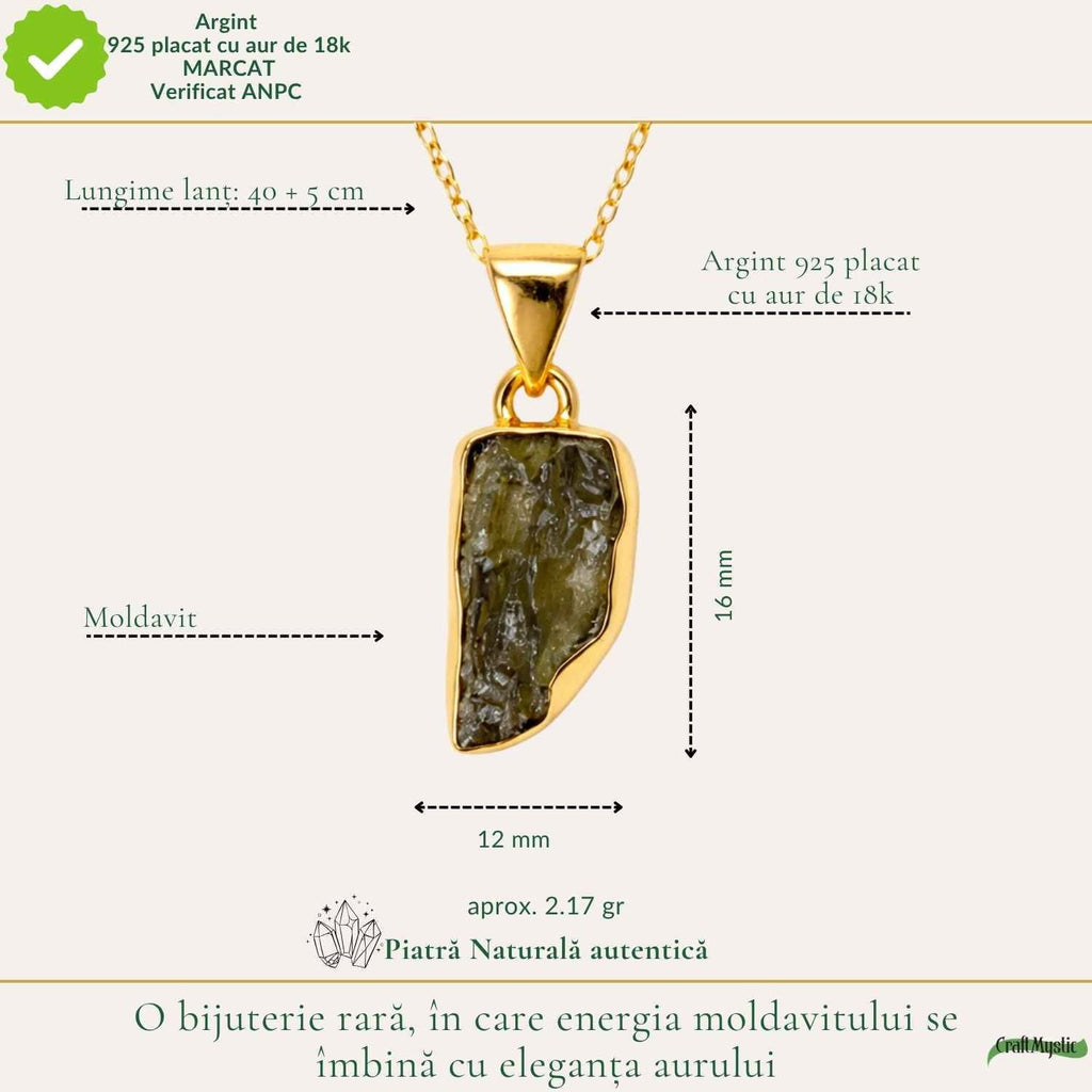 Colier cu Moldavit, Argint 925 placat aur 18k – CraftMystic
