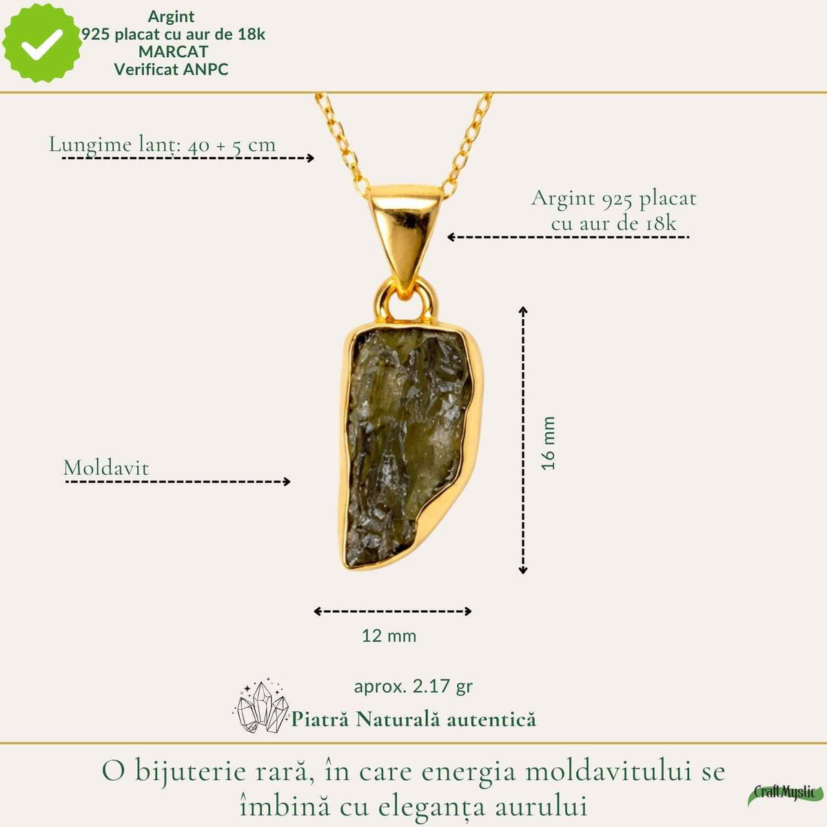 Colier cu Moldavit, Argint 925 placat aur 18k – CraftMystic