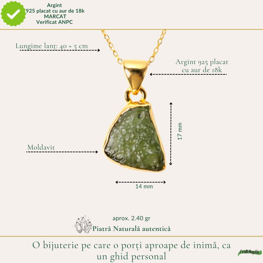 Colier cu Moldavit, Argint 925 placat aur 18k – CraftMystic