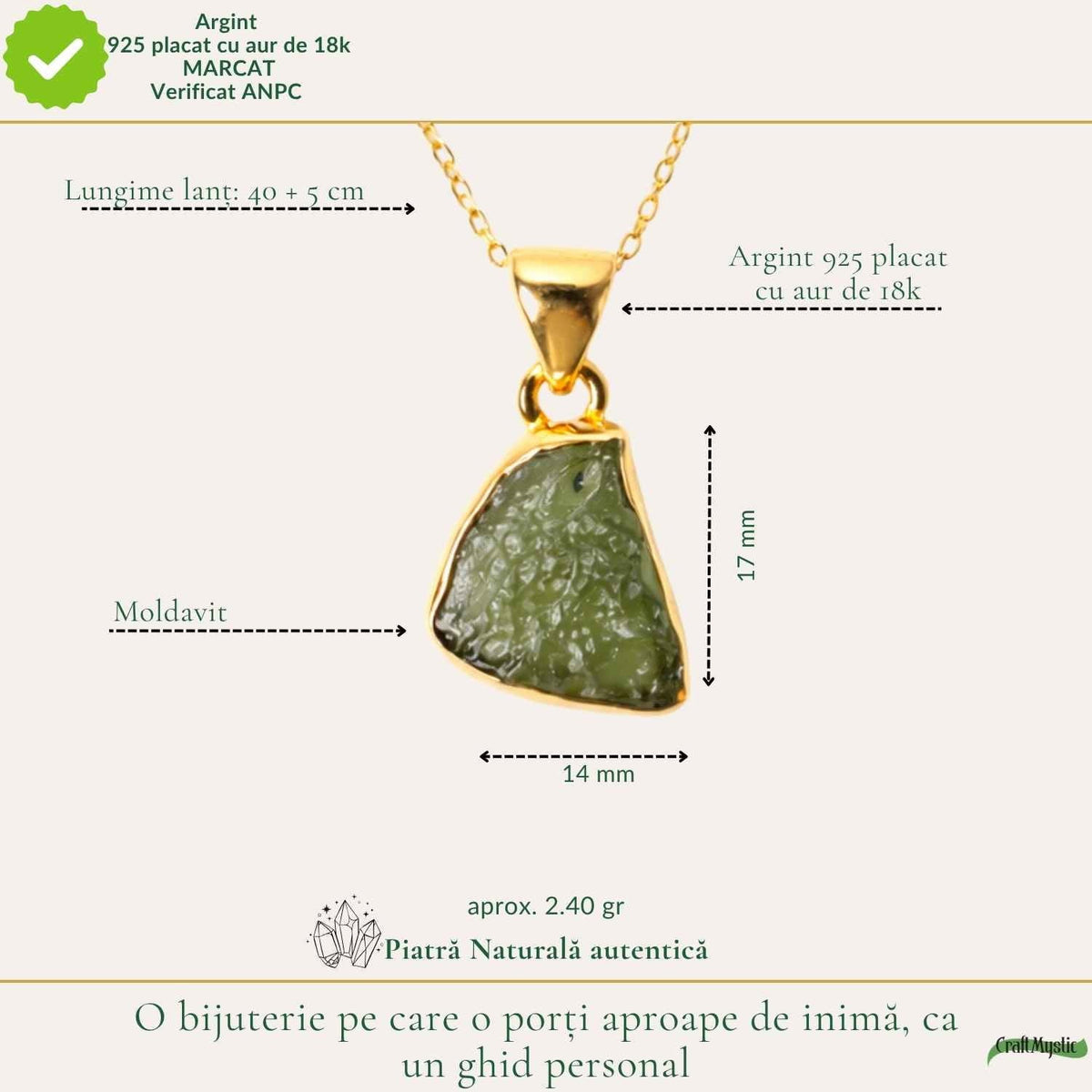 Colier cu Moldavit, Argint 925 placat aur 18k – CraftMystic