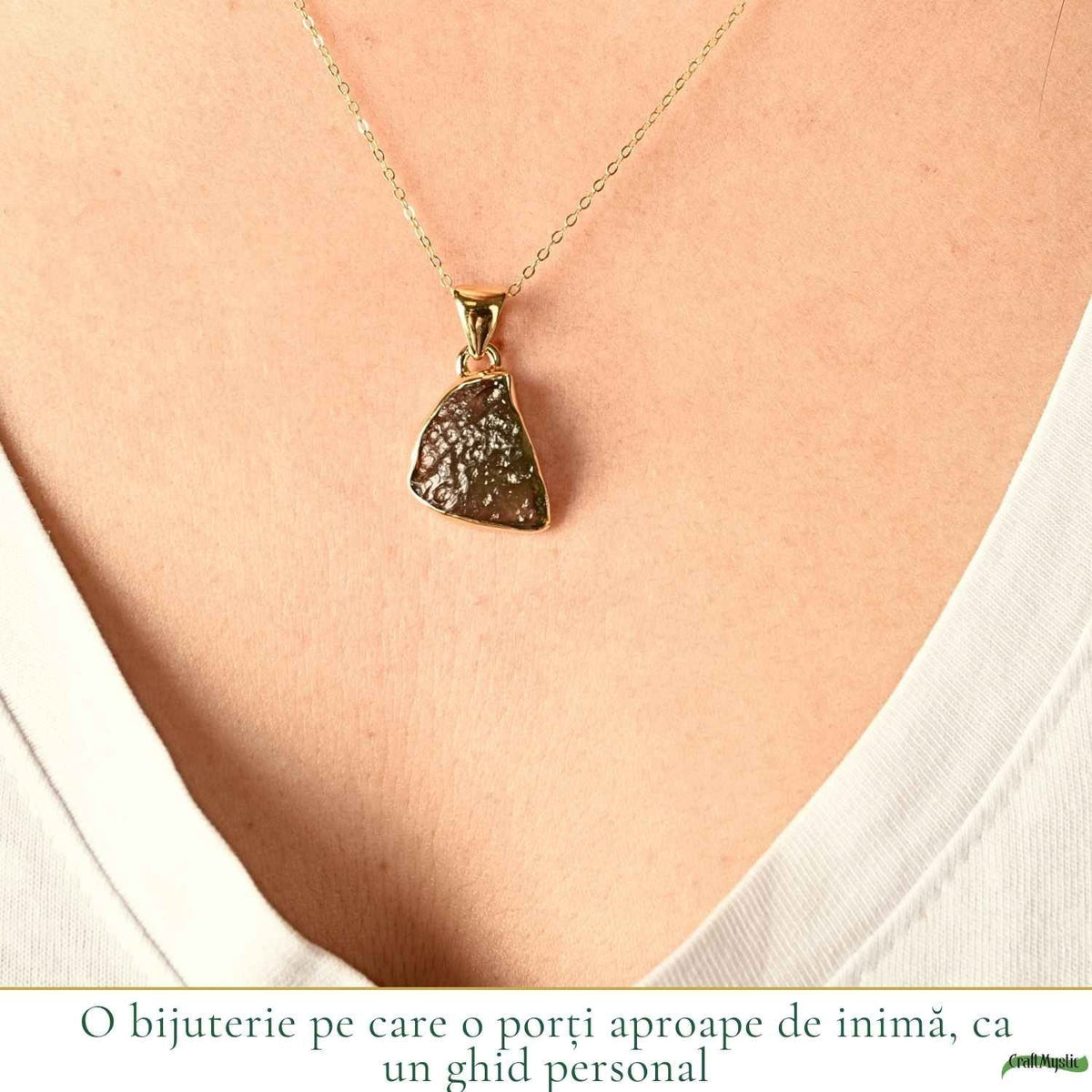 Colier cu Moldavit, Argint 925 placat aur 18k – CraftMystic
