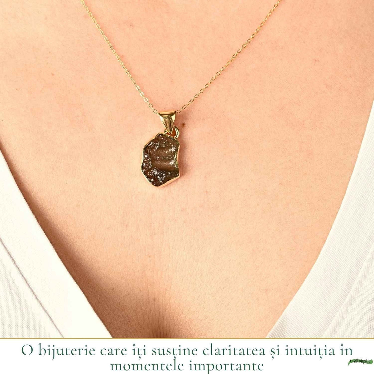 Colier cu Moldavit, Argint 925 placat aur 18k – CraftMystic