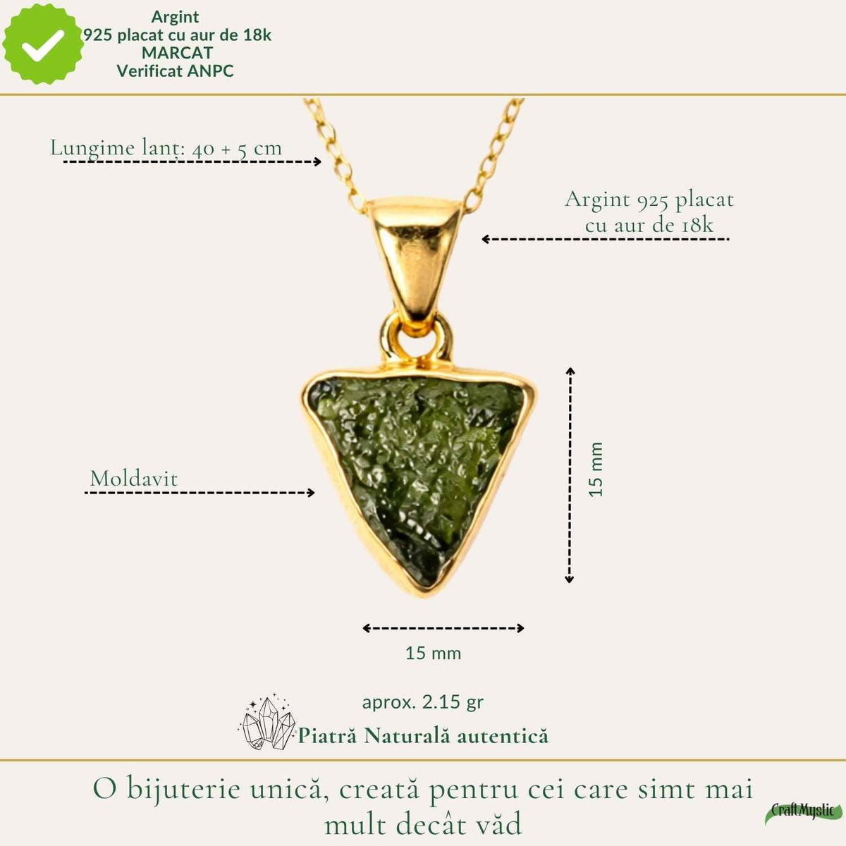 Colier cu Moldavit, Argint 925 placat aur 18k – CraftMystic