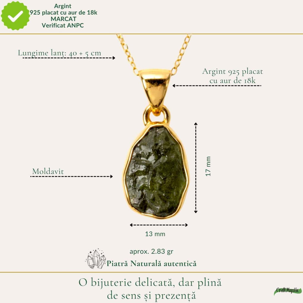 Colier cu Moldavit, Argint 925 placat aur 18k – CraftMystic