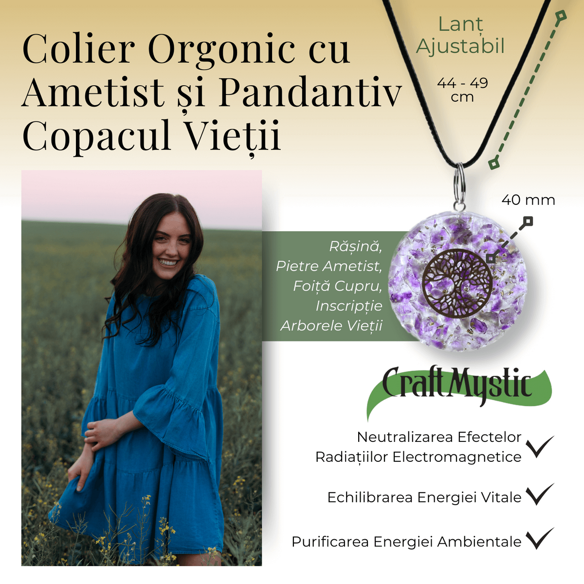 Colier Orgonic Reglabil cu Pietre de Ametist si Simbolul Arborele Vietii