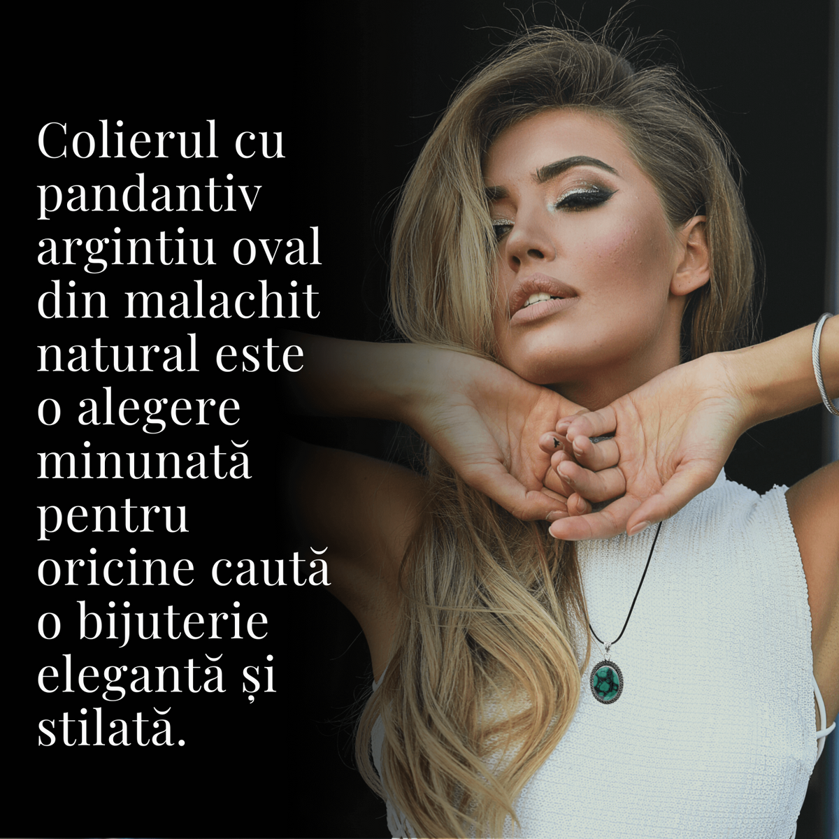 Colier Reglabil cu Pandantiv Argintiu 35mm in Forma Ovala din Malachit Natural
