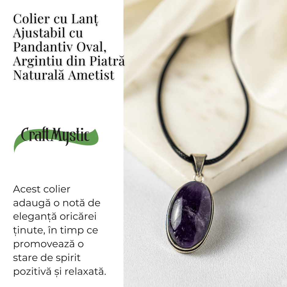 Colier ajustabil cu pandantiv oval din Ametist Natural – Claritate Mentala si Echilibru Spiritual