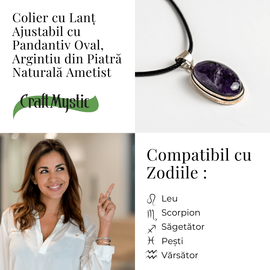 Colier ajustabil cu pandantiv oval din Ametist Natural – Claritate Mentala si Echilibru Spiritual