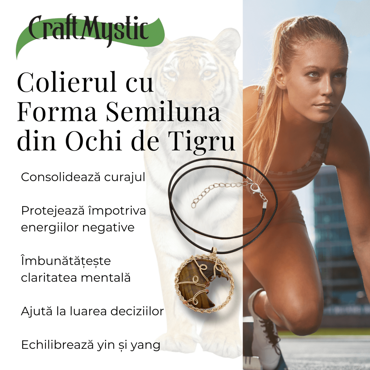 Colier Auriu Elegant in Forma de Semiluna cu Cristal Ochi de Tigru