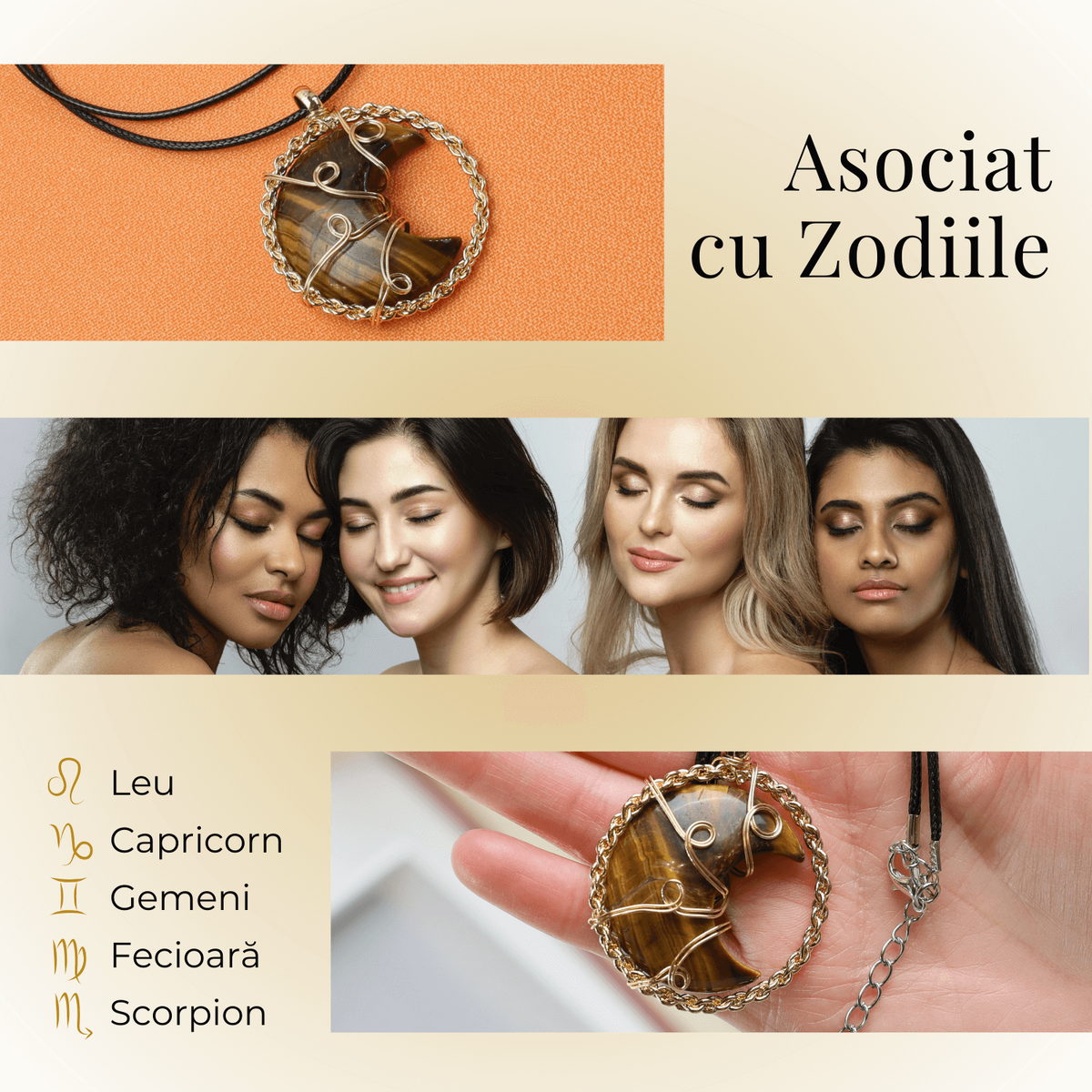 Colier Auriu Elegant in Forma de Semiluna cu Cristal Ochi de Tigru