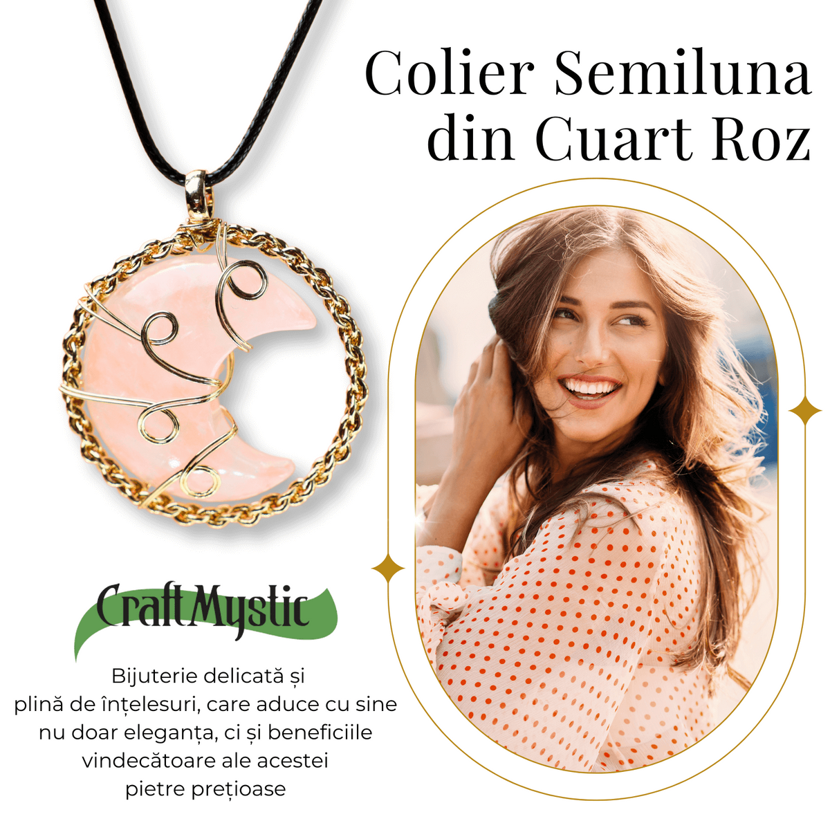 Colier Rafinat Auriu in Forma de Semiluna cu Cristal Cuart Roz