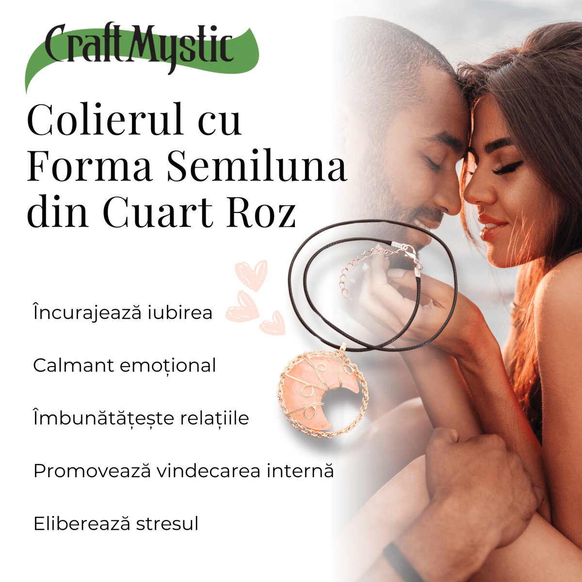 Colier Rafinat Auriu in Forma de Semiluna cu Cristal Cuart Roz
