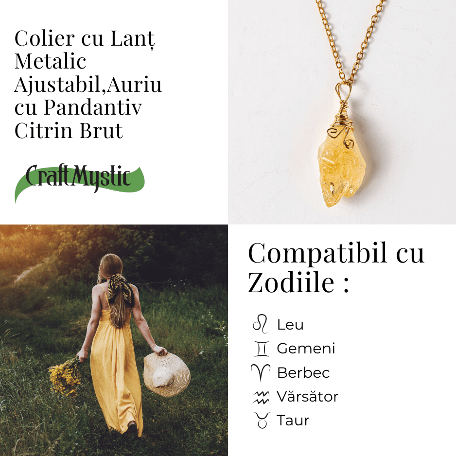 Colier auriu cu Citrin Brut – Prosperitate si Energie Pozitiva