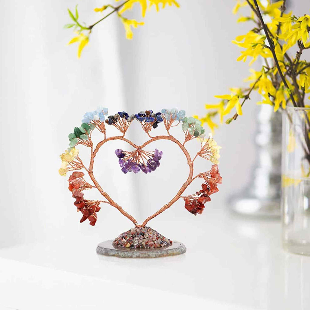 Copac pietre semipretioase 7 chakra in forma de inima – Decor cristal feng shui, accesorii premium pentru birou