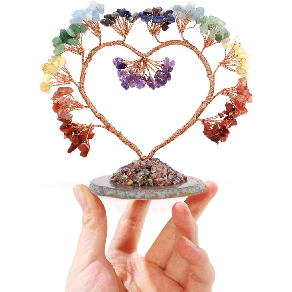 Copac pietre semipretioase 7 chakra in forma de inima – Decor cristal feng shui, accesorii premium pentru birou