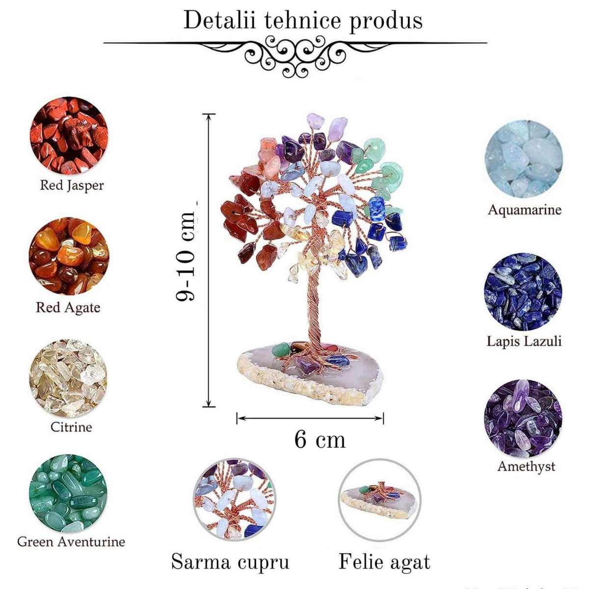 Mini Copacel pietre semipretioase 7 chakra pe felie de agat – decor cristal feng shui, accesorii pentru birou, cristale pentru meditatie