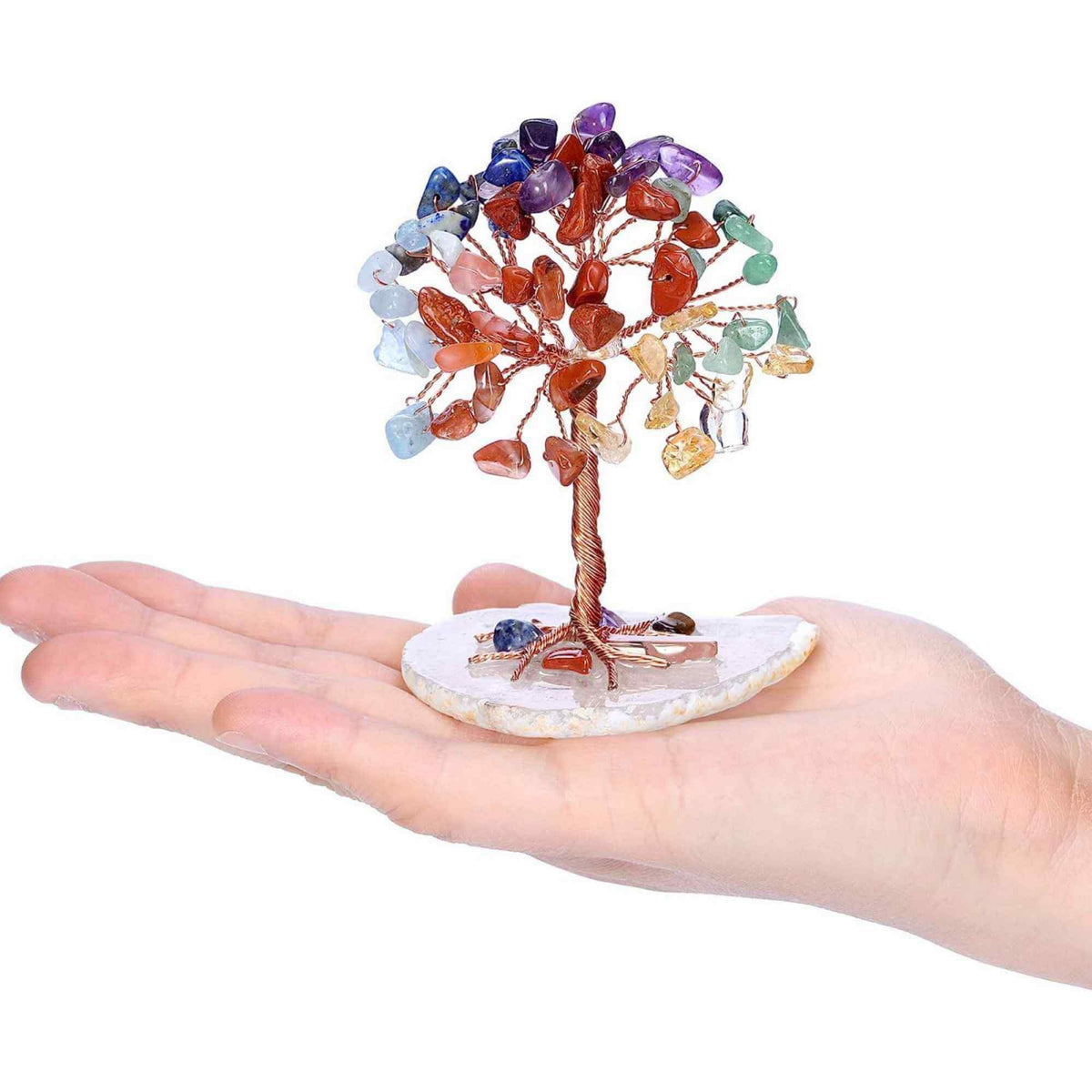 Mini Copacel pietre semipretioase 7 chakra pe felie de agat – decor cristal feng shui, accesorii pentru birou, cristale pentru meditatie