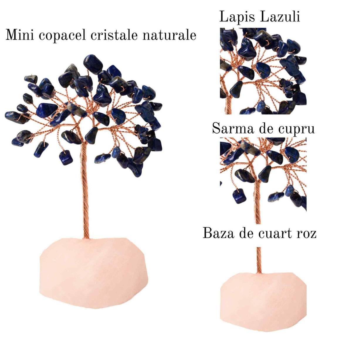 Copacel 10-11 cm din cristale naturale Lapis Lazuli cu baza de Cuart Roz cu 6 ramuri și 54 mini pietre semiprețioase - Armonie si bunastare