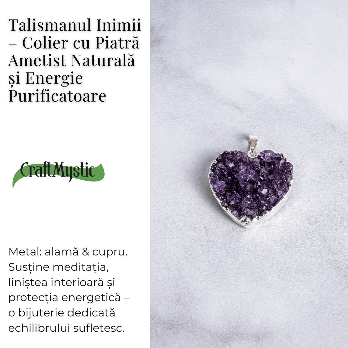 Talismanul inimii – Colier cu piatra ametist naturala Brazilia si lant argint 925 - Energie purificatoare