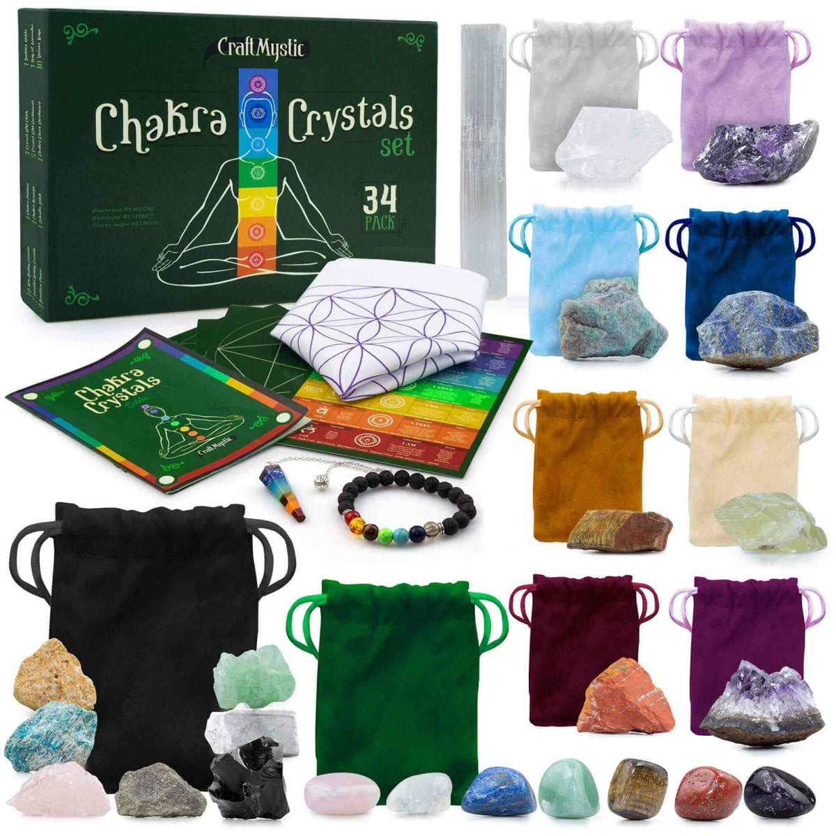 Cristale Naturale si Pietre Naturale Vindecatoare Chakra - Set complet din 34 Piese pentru meditatie, spiritualitate - Selenit, Lapis, Citrine, Ametist