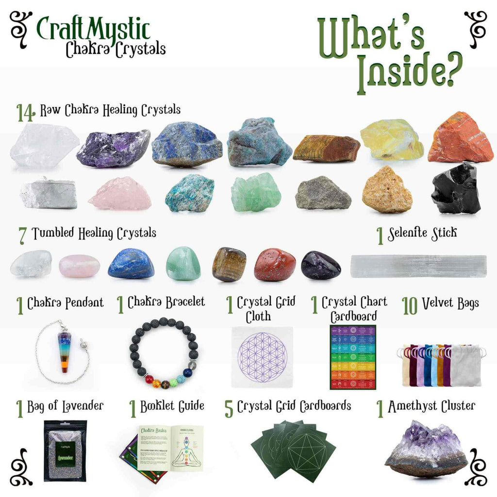 Cristale Naturale si Pietre Naturale Vindecatoare Chakra - Set complet din 34 Piese pentru meditatie, spiritualitate - Selenit, Lapis, Citrine, Ametist