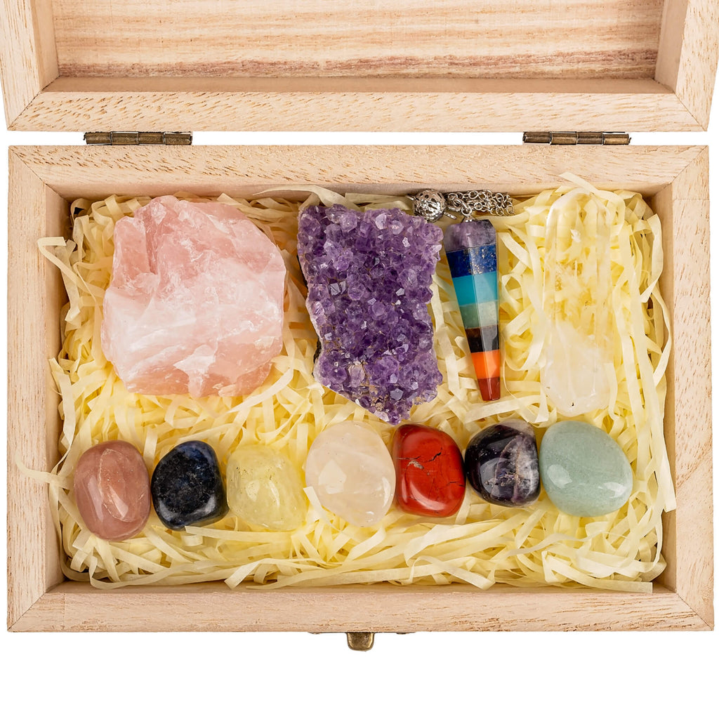 Set Cristale si Pietre Naturale Vindecatoare Chakra in cutie de lemn- 11 piese pentru meditatie, spiritualitate, echilibrarea chakrelor