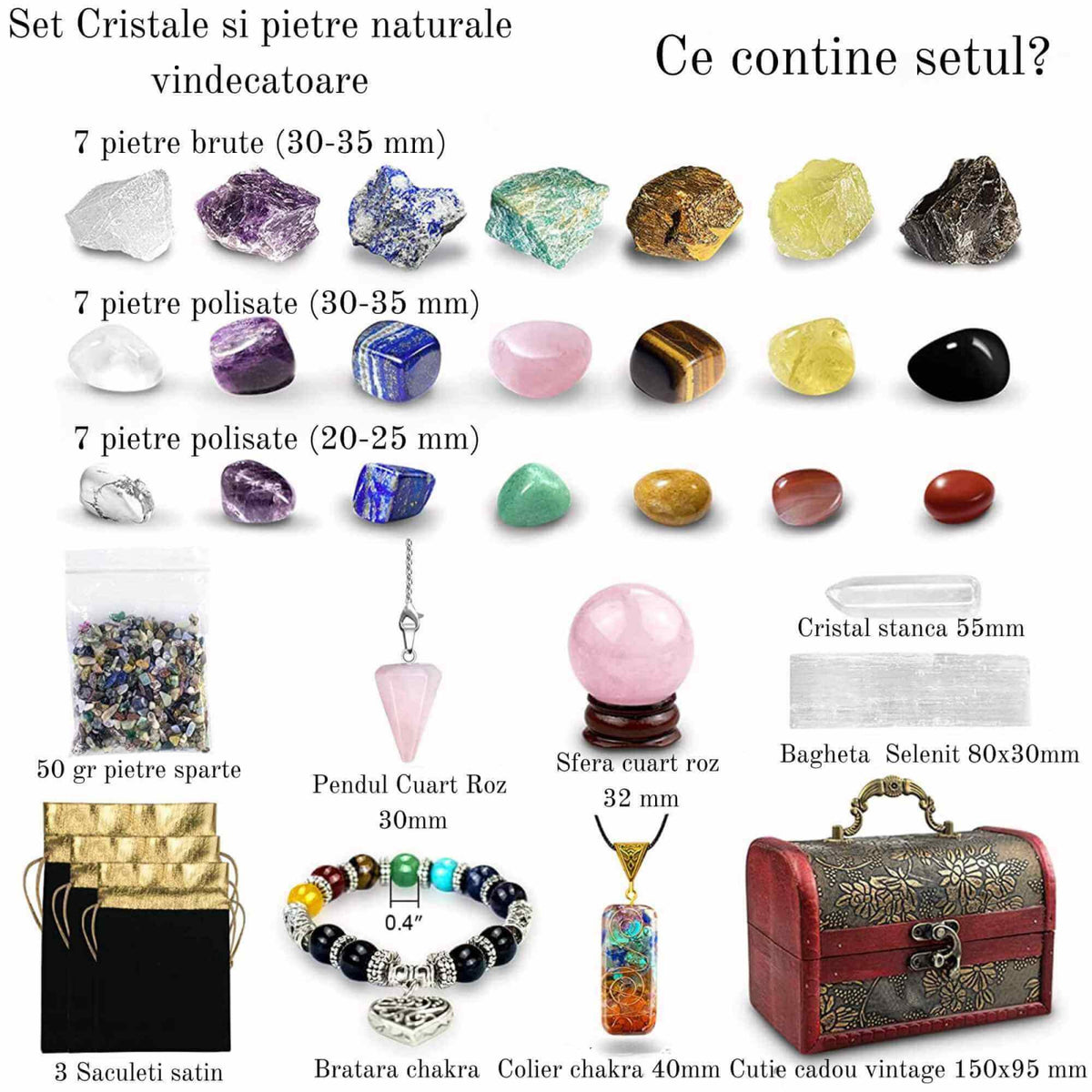 Set 28 piese cu cristale vindecatoare naturale