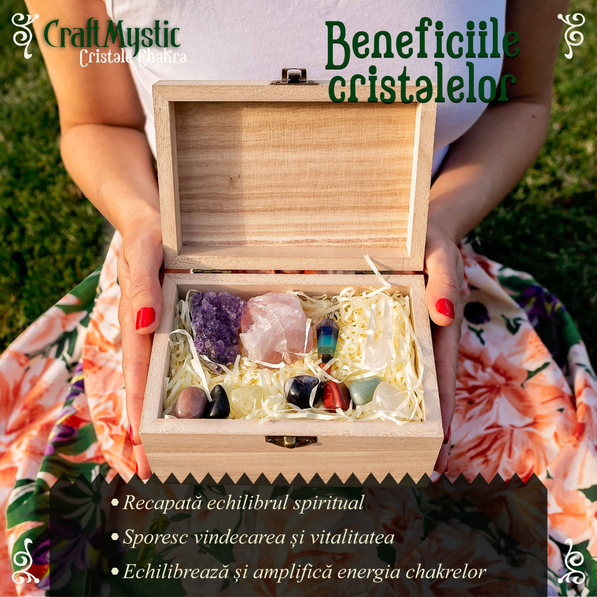 Set Premium cristale si pietre naturale vindecatoare in cutie de lemn - 11 piese pentru meditatie, spiritualitate, echilibrarea chakrelor – Cluster de ametist, pendul chakra, cuart roz, cristal de sta