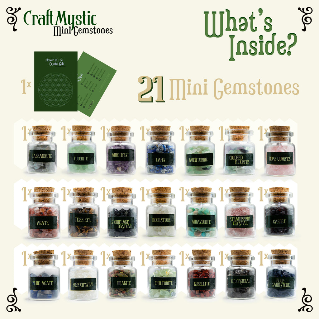 Set 21 Sticlute cu Mini Cristale si Pietre Naturale pentru Ritualuri Magice si Meditatie