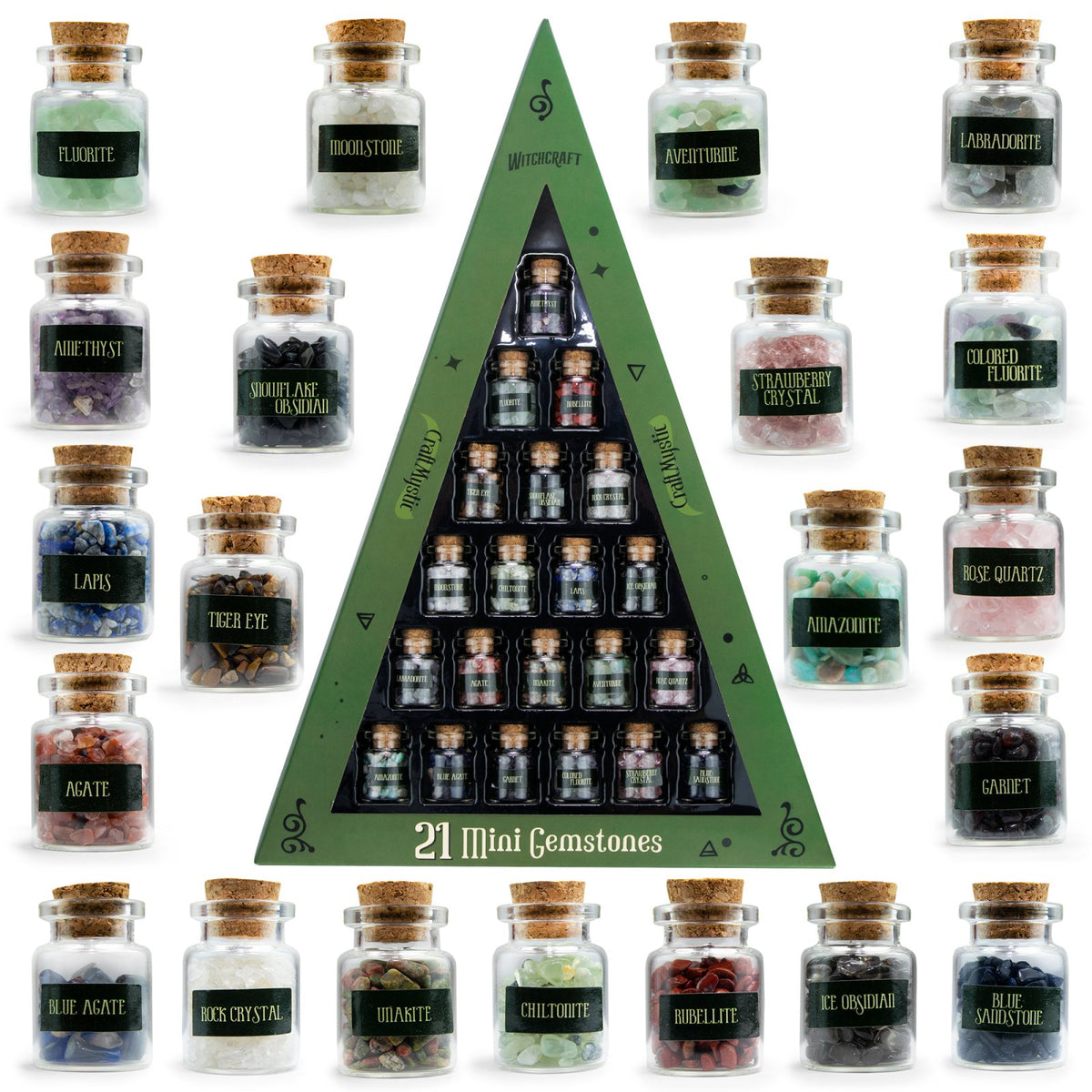 Set 21 Sticlute cu Mini Cristale si Pietre Semipretioase pentru Ritualuri Magice