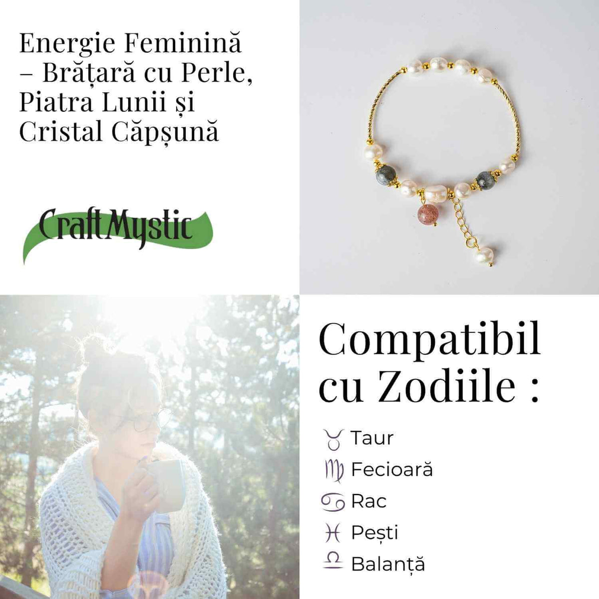 Energie Feminina– Bratara cu Perle, Piatra lunii si Cristal Capsuna