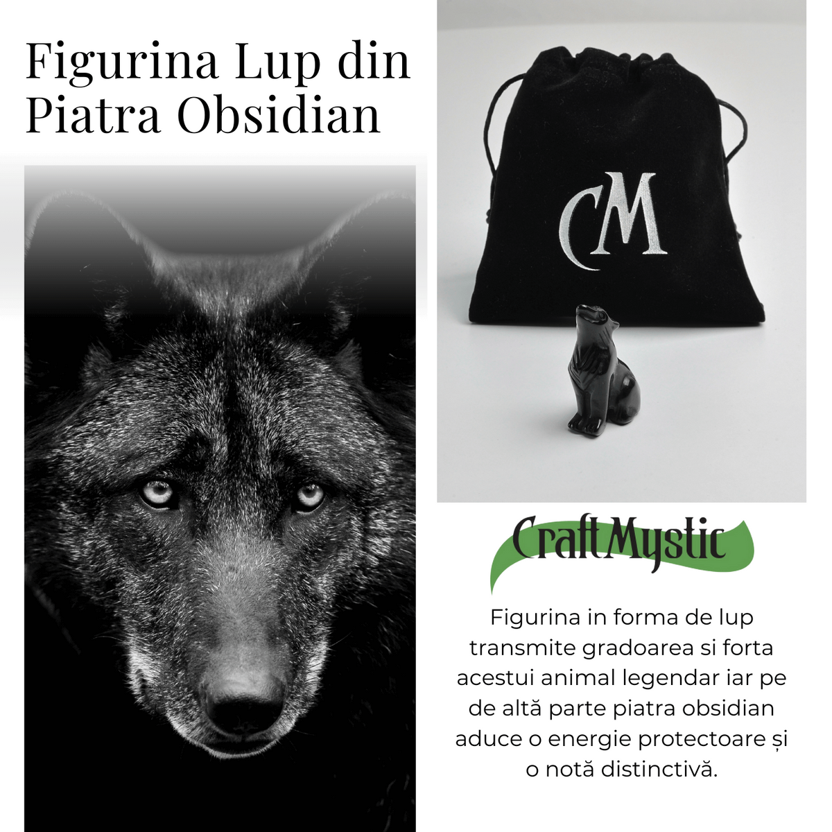 Figurina Lup din Obsidian Natural, 5 cm