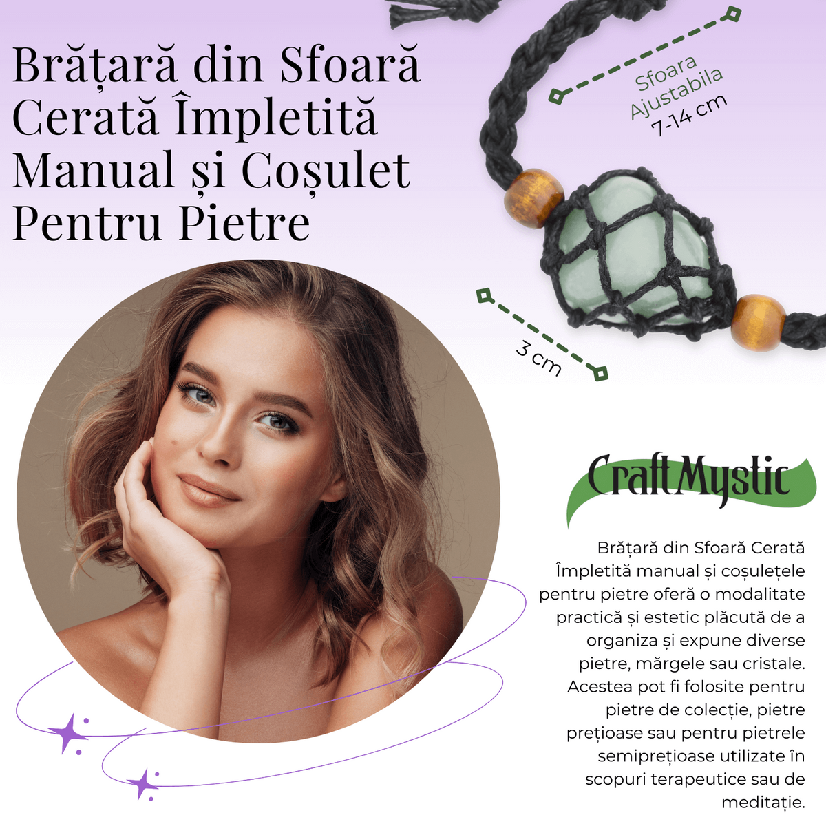 Bratara Reglabila din Sfoara Cerata Neagra cu Cosulet pentru Pietre si Cristale Semipretioase