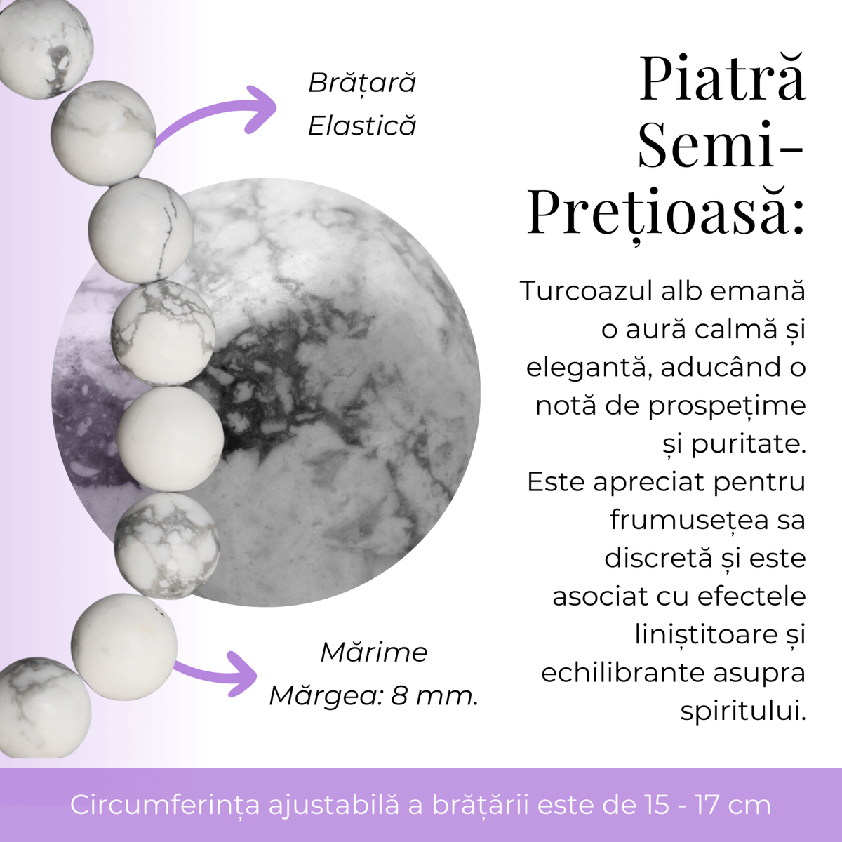 Bratara Elastica cu Margele Naturale de 8mm din Howlita