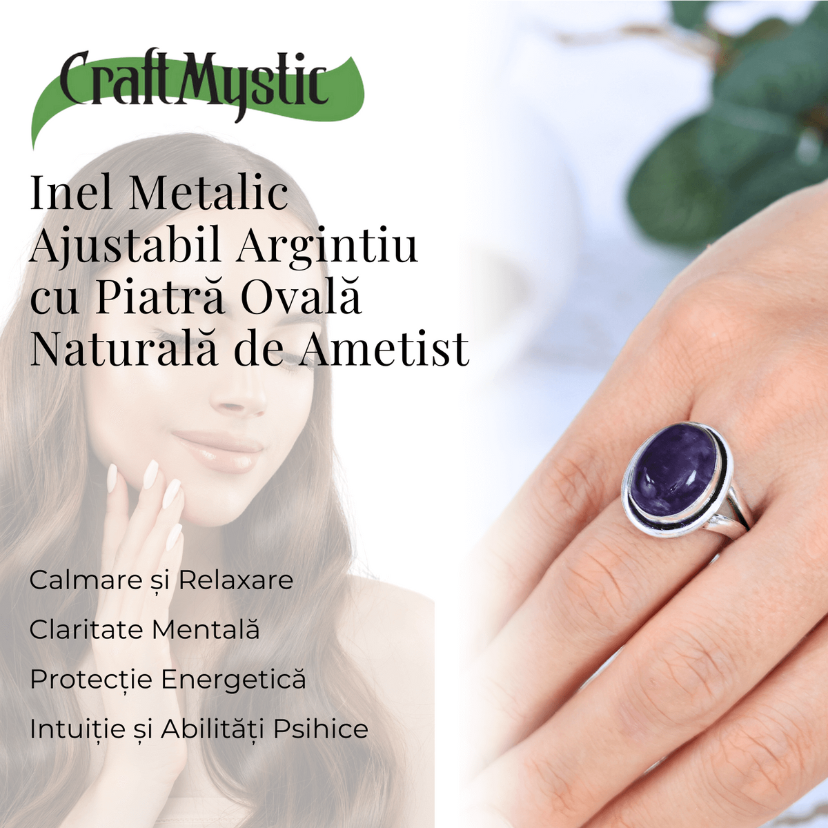 Inel Ajustabil Argintiu cu Ametist Natural forma neregulata, pentru echilibru si claritate