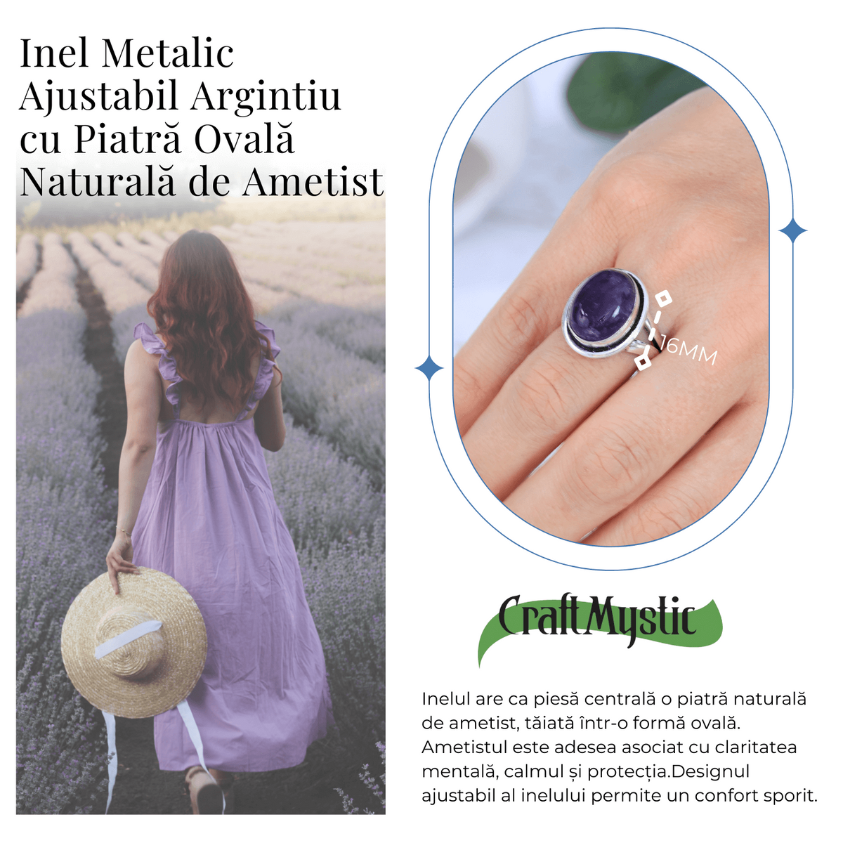 Inel Ajustabil Argintiu cu Ametist Natural forma neregulata, pentru echilibru si claritate
