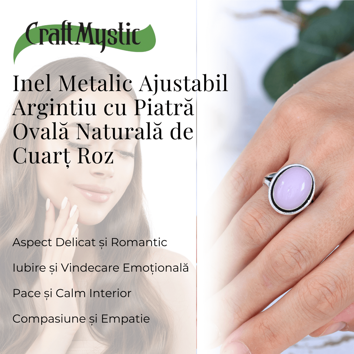 Inel Ajustabil Argintiu cu Cuart Roz natural oval, pentru iubire si armonie