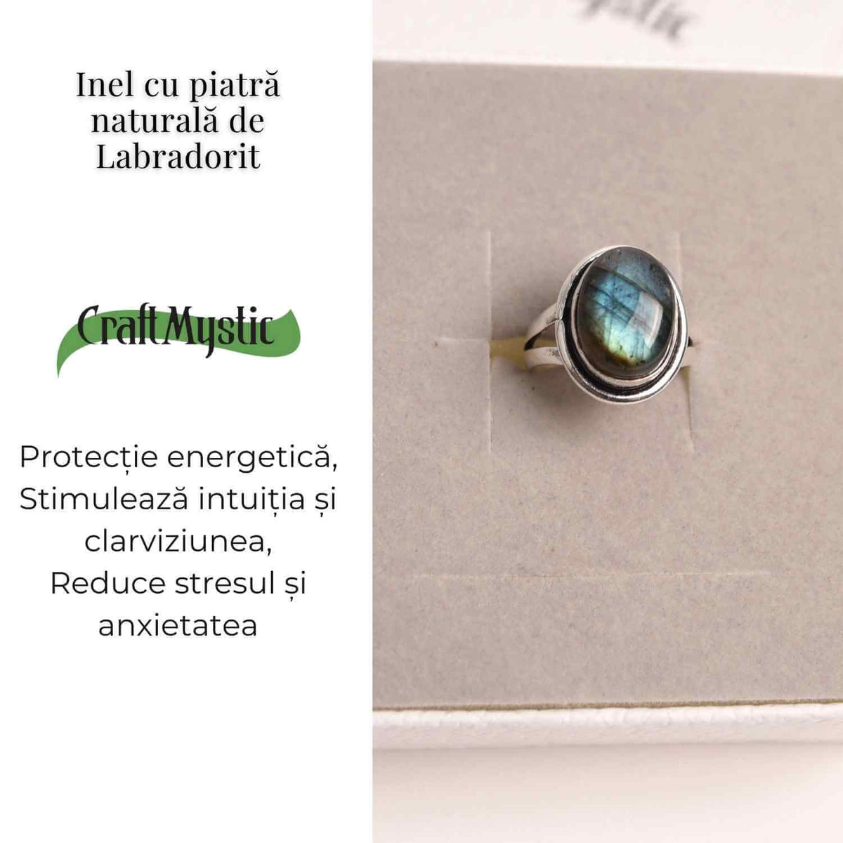 Inel ajustabil argintiu cu labradorit natural – intuitie si protectie