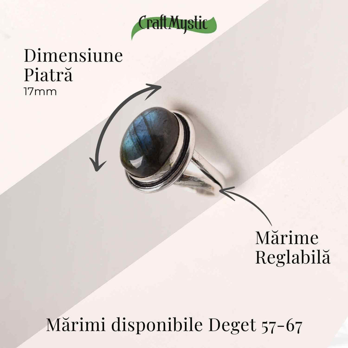 Inel ajustabil argintiu cu labradorit natural – intuitie si protectie